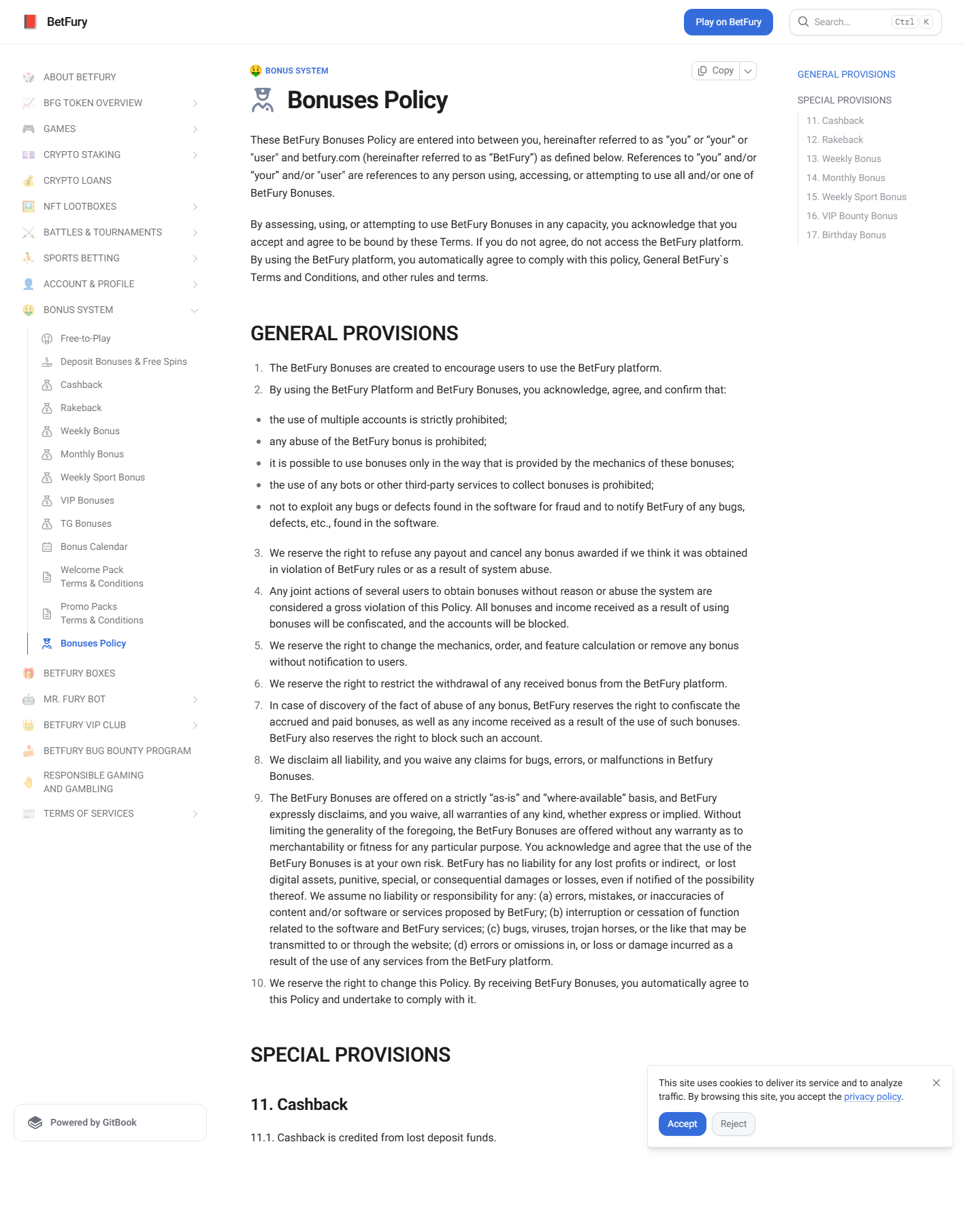 Documentacao oficial da BetFury sobre politica de bonus