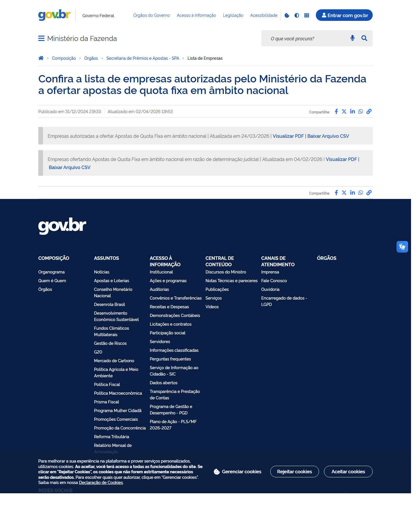 Lista oficial de empresas autorizadas a operar apostas de quota fixa no Brasil