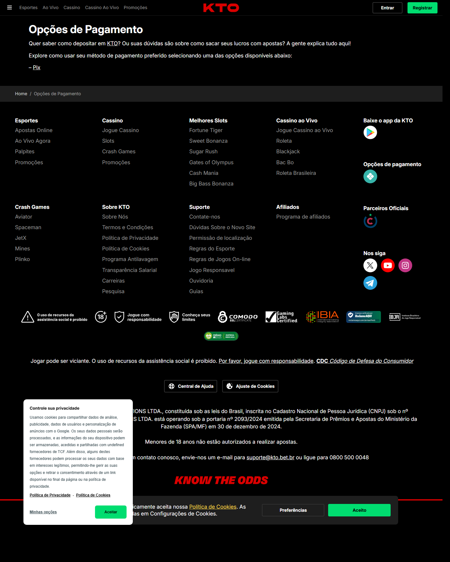 Pagina oficial da KTO sobre opcoes de pagamento