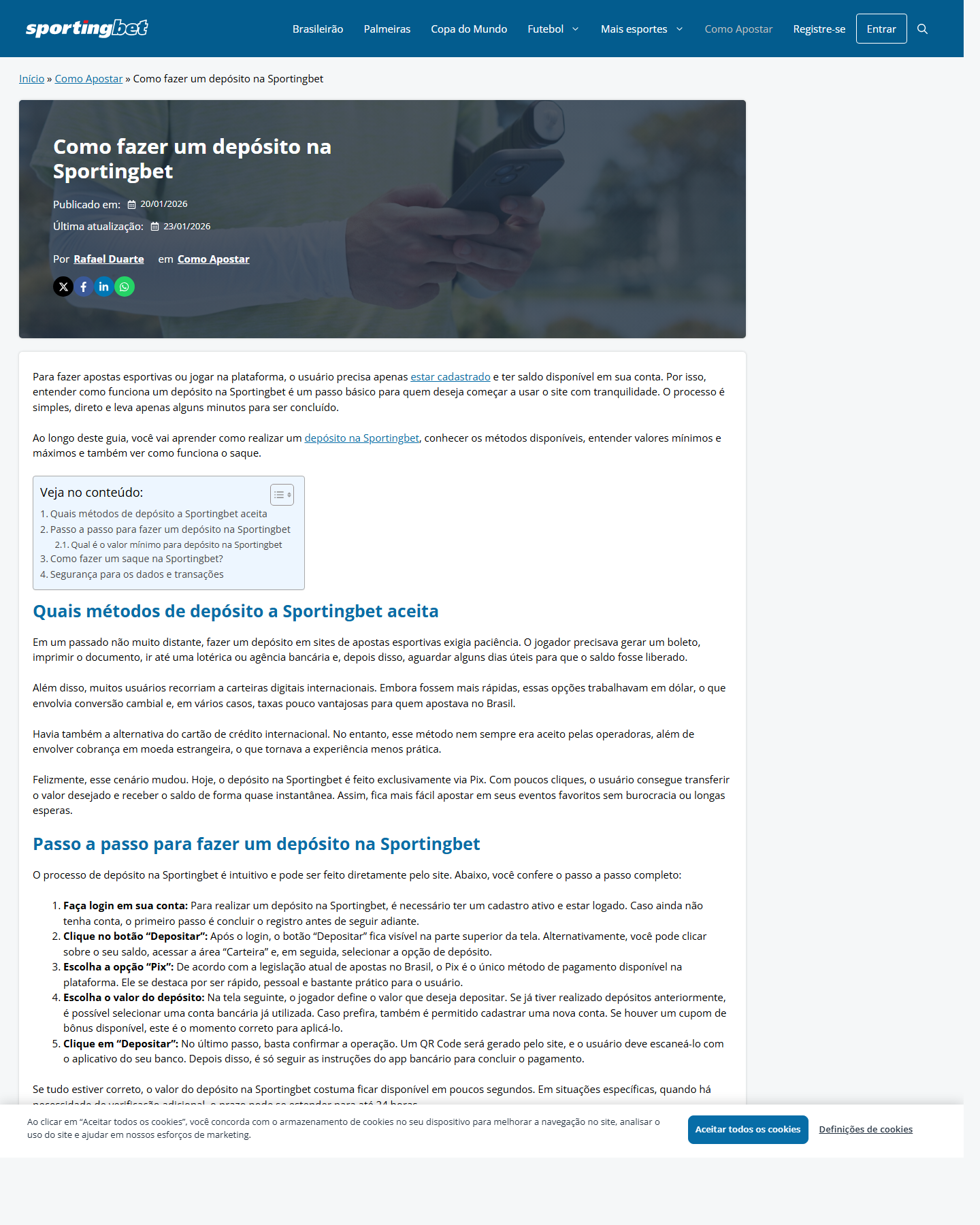 Pagina oficial da Sportingbet com informacoes sobre deposito via Pix