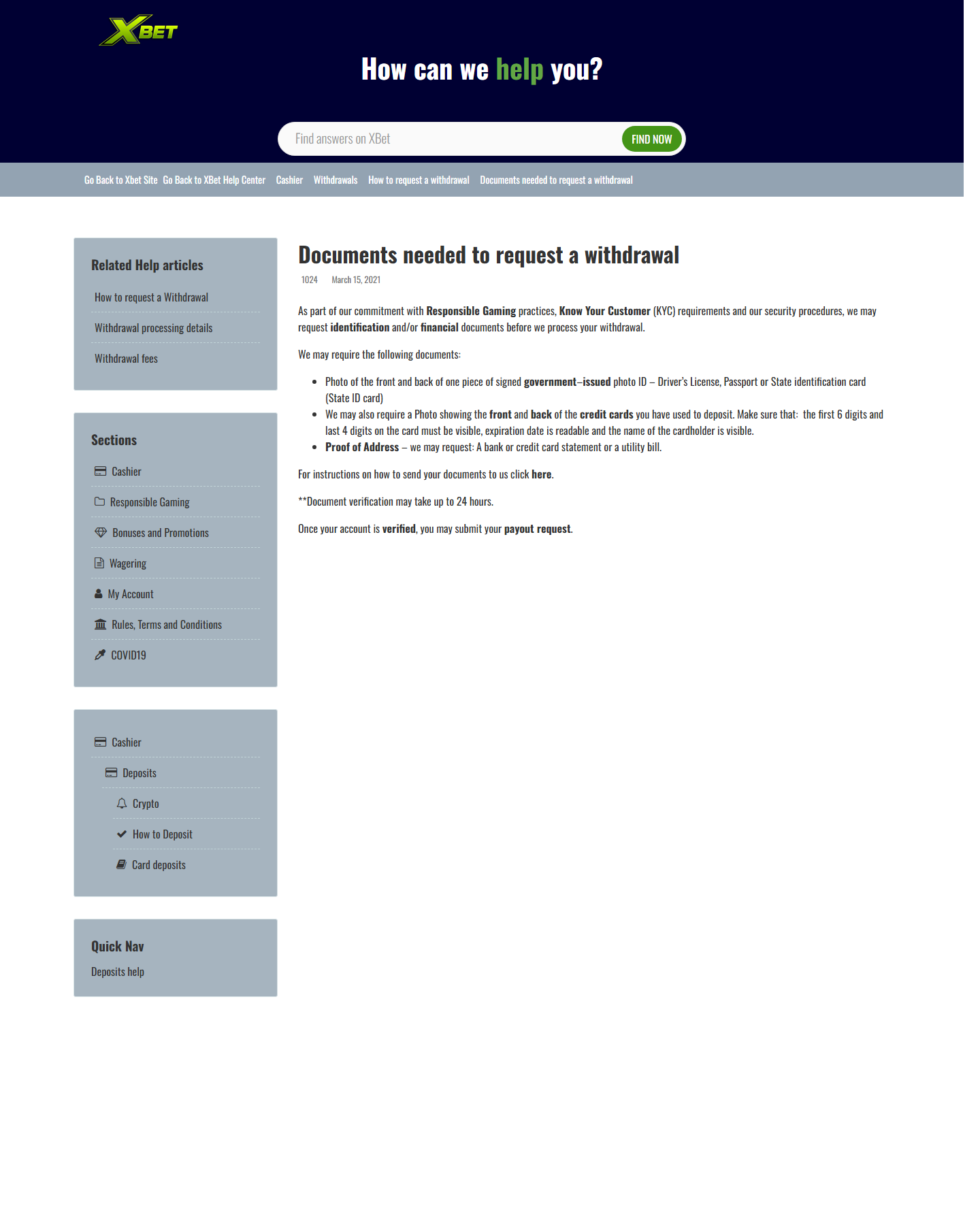 FAQ oficial da XBet.ag sobre documentos necessarios para saque